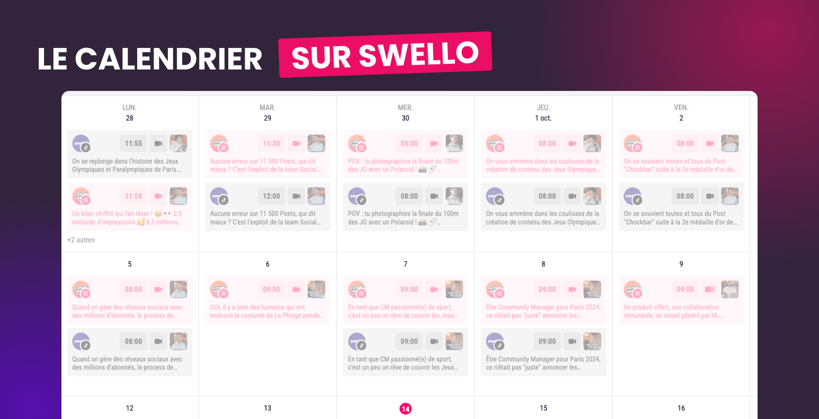 Calendrier de publication Swello du mois d’octobre 2026 avec les posts Instagram du podcast Follow Back planifiés par jour