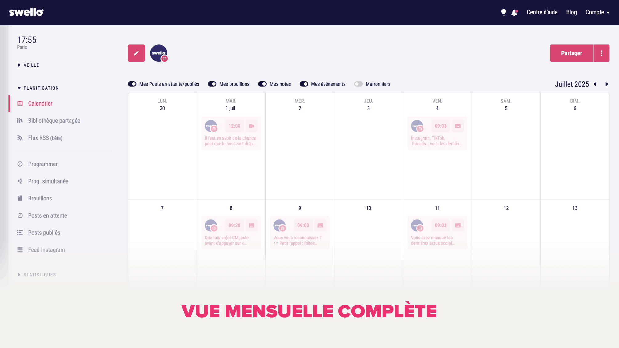 Les avantages d'utiliser le calendrier éditorial de Swello : vue mensuelle complète, +400 marronniers et lien de partage intégré
