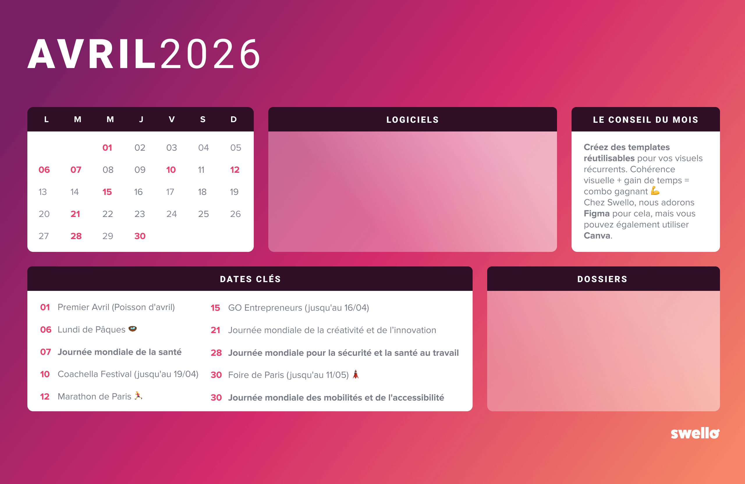 Fond d’écran avril 2026 du calendrier social media Swello : visuel au fond dégradé rose et violet avec un calendrier mensuel, les 10 dates clés du mois (dont le lundi de pâques le 6 avril), un conseil du mois sur les templates réutilisables, et des espaces dédiés aux logiciels et dossiers.