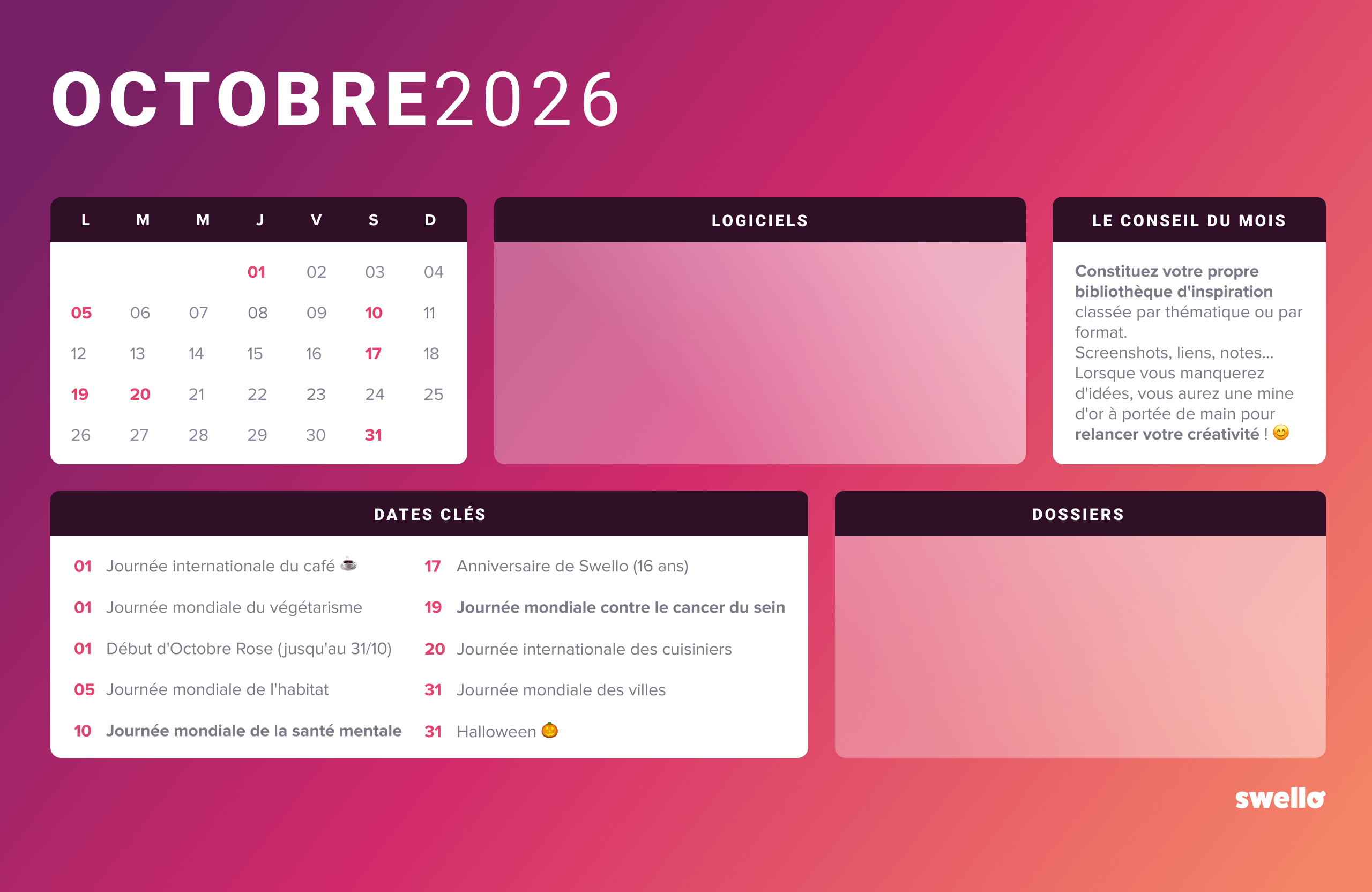 Fond d’écran octobre 2026 du calendrier social media Swello : visuel au fond dégradé rose et violet avec un calendrier mensuel, les 10 dates clés du mois (dont halloween le 31 octobre), un conseil du mois sur les bibliothèques d'inspiration, et des espaces dédiés aux logiciels et dossiers.