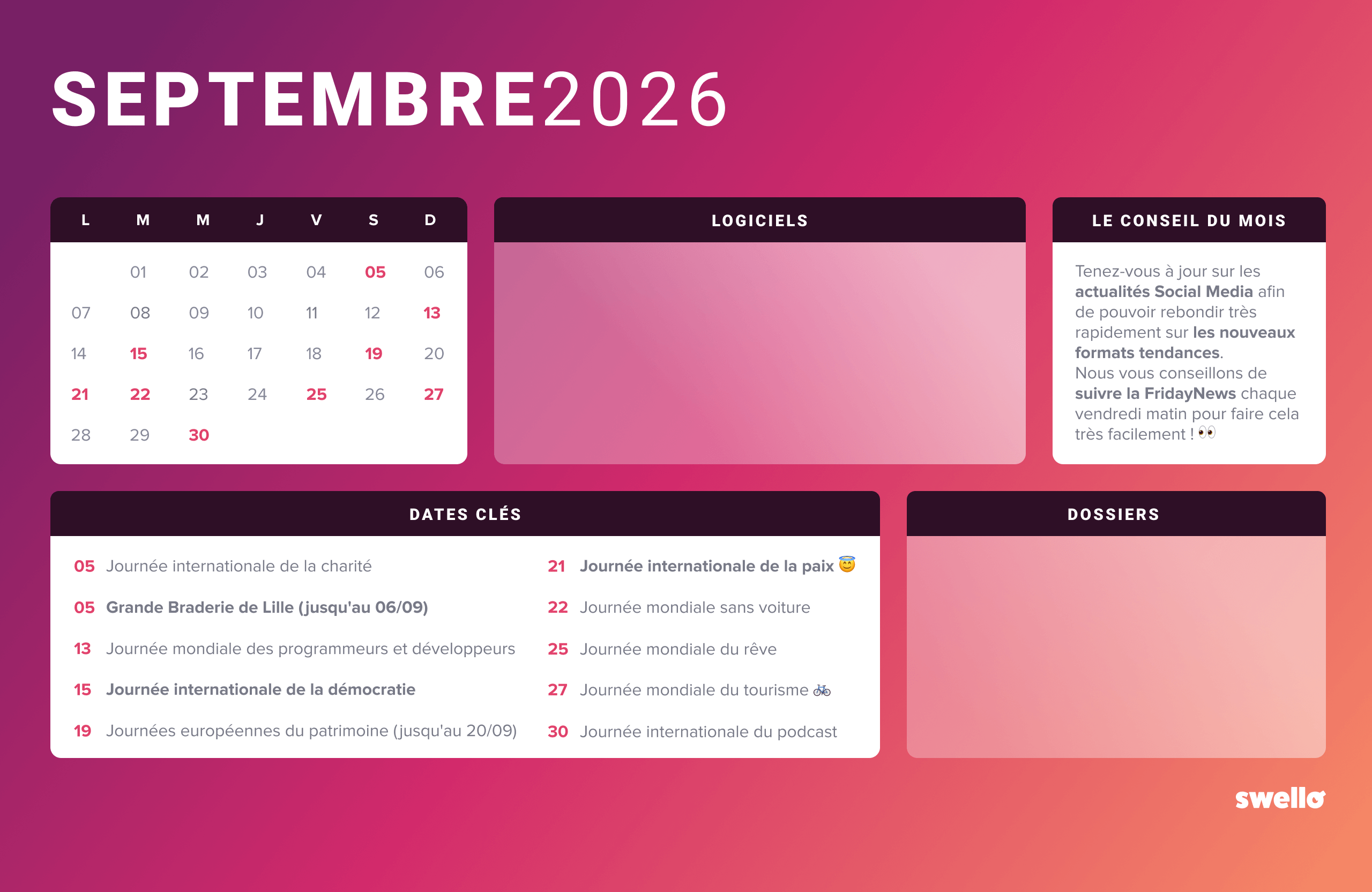 Fond d’écran septembre 2026 du calendrier social media Swello : visuel au fond dégradé rose et violet avec un calendrier mensuel, les 10 dates clés du mois (dont la journée mondiale des programmeurs et développeurs le 13 septembre), un conseil du mois sur la veille des actualités social media, et des espaces dédiés aux logiciels et dossiers.