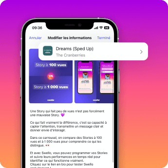 Nouveauté Instagram : screenshot de la possibilité de modifier le son d'une publication